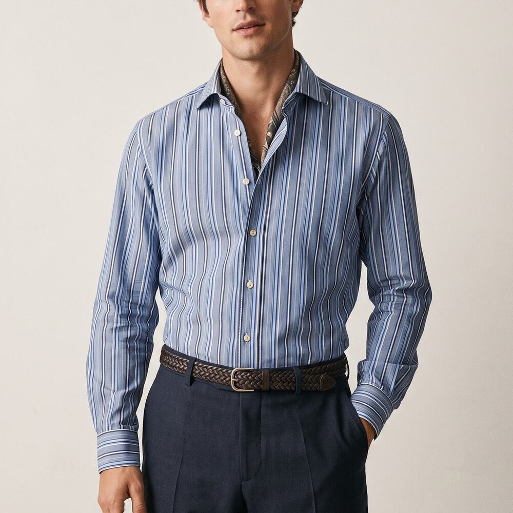 ETRO Milano Button up Dress Shirt in Blue striped cotton size 40 Made in Italy